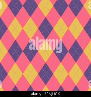 Argyle Retro farbenfroh abstraktes Nahtmuster. Vektor-Textur mit bunten Rhomben von rosa violett gelb. Stock Vektor