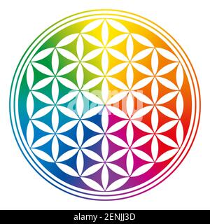 Blume des Lebens, invertiert und regenbogenfarben. Eine geometrische Figur, spirituelles Symbol und Heilige Geometrie. Stockfoto