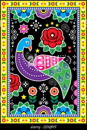 Pakistanische und indische LKW-Kunst Vektor-Design mit Peaoks Rosen, dekorative florale lebendige Poster-Muster Stock Vektor