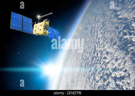 Forschung, Sondierung, Überwachung in der Atmosphäre. Satellit über der Erde nimmt Messungen der Wetterparameter vor, über kontinuierlichen Cumulus thunde Stockfoto