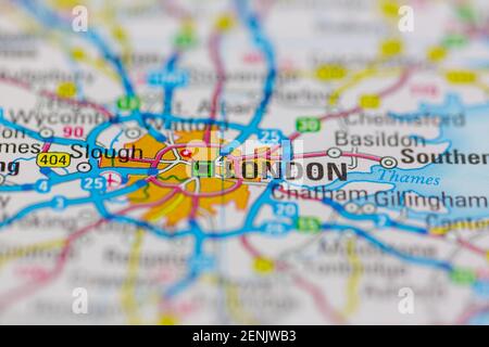 London wird auf einer Road Map oder einer Geografie Map angezeigt Stockfoto