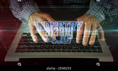 Industrie 4,0 Konzept, künstliche Intelligenz, Roboter und moderne Fabrik. Futuristische abstrakte 3D Rendering Illustration. Stockfoto