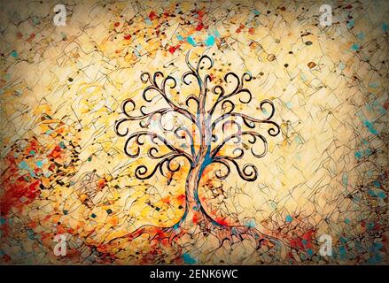 Baum des Lebens Symbol auf strukturierten Hintergrund, yggdrasil. Stockfoto