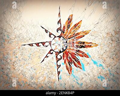 Ziergrafik in Form eines Sterns mit Federn. Stockfoto