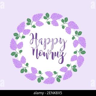 Happy Nowruz Tag Grußkarte mit lila, Hyazinthe Blumenrahmen, Vorlage für Ihr Design. Neujahr im Iran. Vektorgrafik Stock Vektor