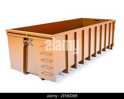 3D Rendering von großen orangefarbenen Industrieabfällen Müllcontainer auf weiß Stockfoto