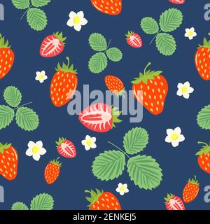 Nahtloses Muster aus reifen Waldbeeren, Erdbeeren mit Blumen und Blättern, Design für Textilien, Poster, Etiketten. Stock Vektor