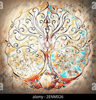 Baum des Lebens Symbol auf strukturierte Zierpflanzen Hintergrund, yggdrasil. Stockfoto