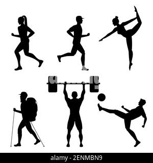 Bündel von sechs Athleten üben Sport schwarzen Silhouetten Stock Vektor