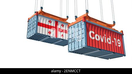 Container mit Coronavirus Covid-19 Text auf der Seite und Container mit Georgia Flag. Impfstoffverteilung. 3D Rendering Stockfoto