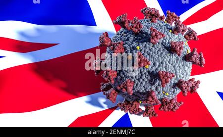 Englische Variante des Coronavirus covid-19 Virus. britische Flagge 3D rendern. Stockfoto