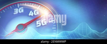 Banner von 5G High-Speed-Internet-Konzept. Wireless Network Speed Evolution 5G Konzept mit abstrakten verbundenen Punkten Wireless-Kommunikationsnetzwerk auf s Stockfoto