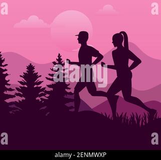 Paar Athleten laufen Sport Silhouetten im Lager Stock Vektor