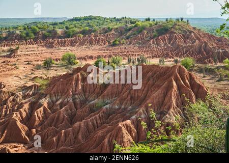 Trockene und trockene Landschaft der Tatacoa Wüste in Kolumbien, zeigt eine Menge Erosion der schönen roten Sanddünen Stockfoto