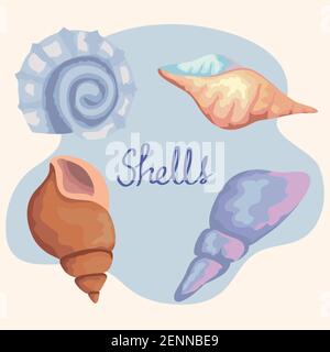 Bündel von vier Muscheln Farben setzen Symbole und Schriftzug Stock Vektor
