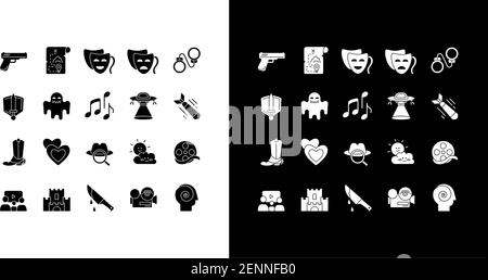 Filmgenres Glyphen-Symbole für Nacht- und Tagesmodus Stock Vektor