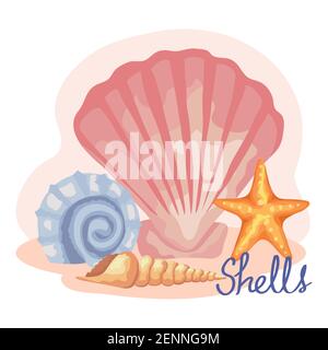 Vier Muscheln setzen Szene und Schriftzug Stock Vektor