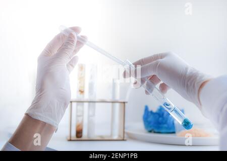 Hände in Schutzhandschuhen halten Reagenzglas machen Chemie-Experiment Stockfoto