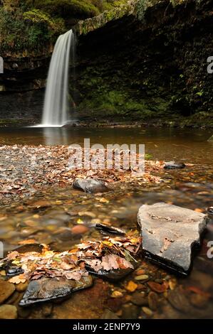 Eine herbstliche Szene mit Sgwd Gwladus fällt in den Brecon Beacons, Wales. Stockfoto