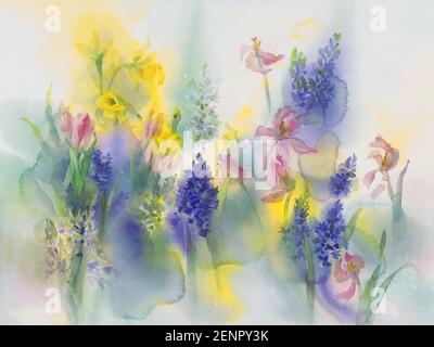 Gelbe Narzisse in blauem und violettem Aquarellhintergrund Stockfoto