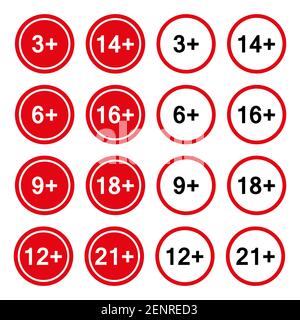 Satz von Altersbeschränkung Abzeichen, 3 , 6 , 9 , 12 , 14 , 16 , 18 , 21 . Isoliert auf weißem Hintergrund flache Vektordarstellung Stock Vektor