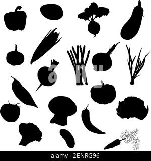 Vektor Gemüse Symbole setzen schwarze Silhouette isoliert auf einem weißen Hintergrund. Stock Vektor