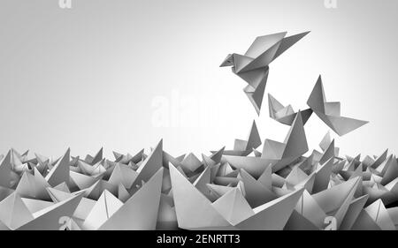 Individualismus Erfolg und Unternehmensführung innovative individuelle Lösung und Corporate Leader Symbol oder neue Denkidee als Game Changer. Stockfoto