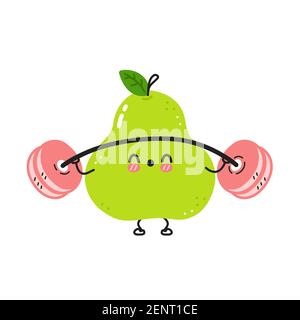 Nette lustige grüne Birne machen Turnhalle mit Langhantel. Vektor flache Linie Cartoon kawaii Figur Illustration Symbol. Isoliert auf weißem Hintergrund. Pear Fruit Workout Charakter Konzept Stock Vektor