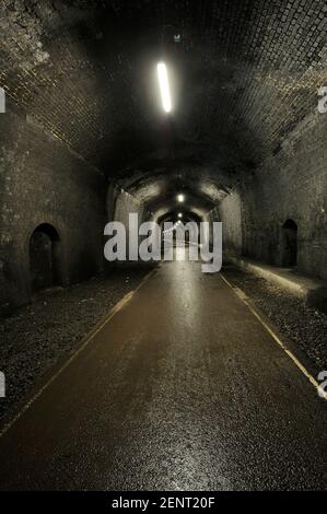 Radweg durch Grabstein Tunnel, einem ehemaligen Eisenbahntunnel bei Monsal Kopf im Peak District, Derbyshire, UK. Stockfoto