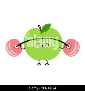 Nette lustige Apfel machen Turnhalle mit Langhantel. Vektor flache Linie Cartoon kawaii Figur Illustration Symbol. Isoliert auf weißem Hintergrund. Apple Fruit Workout Charakter Konzept Stock Vektor