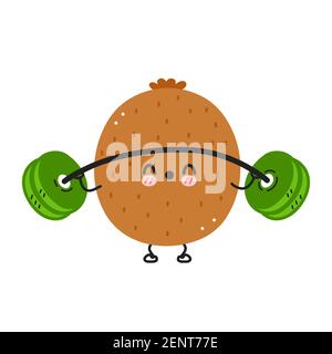 Nette lustige Kiwi machen Turnhalle mit Langhantel. Vektor flache Linie Cartoon kawaii Figur Illustration Symbol. Isoliert auf weißem Hintergrund. Kiwi Obst Workout Charakter Konzept Stock Vektor