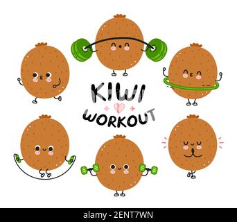 Nette lustige Kiwi machen Turnhalle Set Kollektion. Vektor flache Linie Cartoon kawaii Figur Illustration Symbol. Isoliert auf weißem Hintergrund. Kiwi Obst Workout Charakter Bundle Konzept Stock Vektor