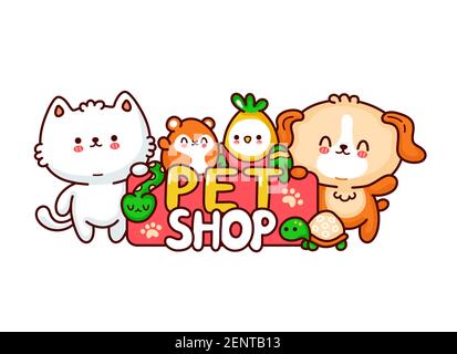 PET Shop Logo-Design. Nette lustige Hund, Katze, Hamster, perrot, Schlange, Schildkröte. Vektor flache Linie Cartoon kawaii Figur Illustration Symbol. Isoliert auf weißem Hintergrund. Tierhandlung Zeichen Konzept Stock Vektor