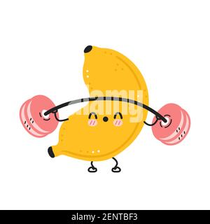 Nette lustige Banane machen Turnhalle mit Langhantel. Vektor flache Cartoon kawaii Figur Illustration Symbol. Isoliert auf weißem Hintergrund. Banana Fruit Workout Charakter Konzept Stock Vektor