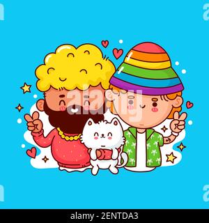 Niedlich lustig glücklich jung Gay paar. Vektor flache Linie Cartoon kawaii Figur Illustration Symbol. Isoliert auf weißem Hintergrund. LGBT, Gay mans Familienkonzept Stock Vektor