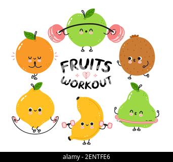 Niedliche lustige Früchte machen Gym Set Kollektion. Vektor flache Linie Cartoon kawaii Figur Illustration Symbol. Isoliert auf weißem Hintergrund. Birne, Zitrone, Orange, Apfel, Kiwi, Banane Workout Charakter Bündel Stock Vektor