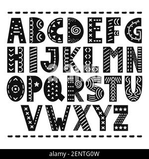 ABC skandinavischen Stil Alphabet. Vektor monochrome einfache Cartoon Illustration Symbol. Handgezeichnetes Kinderzimmer-Poster mit handgezeichneten Buchstaben im skandinavischen Stil. Stock Vektor