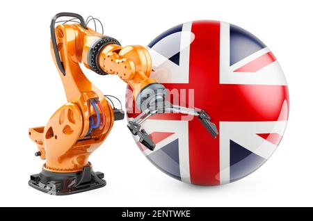 Roboterarm mit britischer Flagge. Moderne Technologie, Industrie und Produktion im Vereinigten Königreich Konzept, 3D Rendering isoliert auf weißem Hintergrund Stockfoto