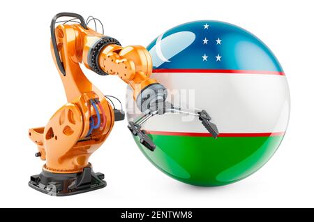 Roboterarm mit usbekischer Flagge. Moderne Technologie, Industrie und Produktion in Usbekistan Konzept, 3D Rendering isoliert auf weißem Hintergrund Stockfoto