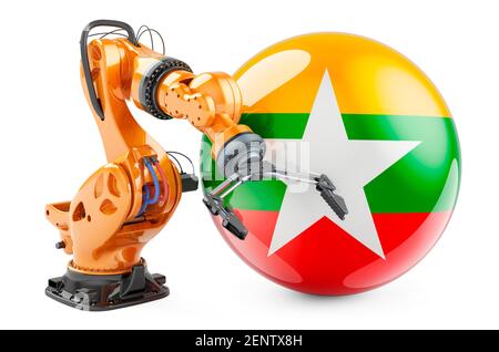 Roboterarm mit Myanmar Flagge. Moderne Technologie, Industrie und Produktion in Myanmar Konzept, 3D Rendering isoliert auf weißem Hintergrund Stockfoto