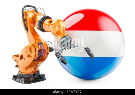 Roboterarm mit luxemburgischer Flagge. Moderne Technik, Industrie und Produktion im luxemburgischen Konzept, 3D Rendering isoliert auf weißem Hintergrund Stockfoto