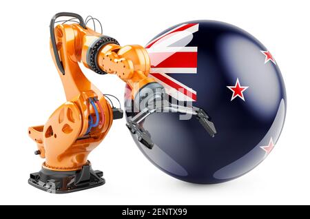 Roboterarm mit neuseeländischer Flagge. Moderne Technologie, Industrie und Produktion in Neuseeland Konzept, 3D Rendering isoliert auf weißem Hintergrund Stockfoto