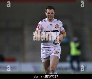 Eccles, Großbritannien. Februar 2021, 26th. Joe Simmonds von Exeter Chiefs während des Spiels in Eccles, UK am 2/26/2021. (Foto von Richard Long/News Images/Sipa USA) Quelle: SIPA USA/Alamy Live News Stockfoto