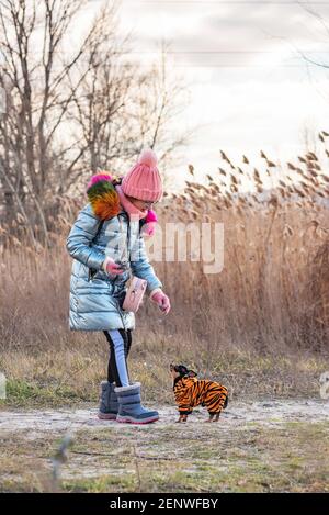 Hübsches Mädchen mit chihuahua über die Natur. Teenager-Mädchen und chihuahua im Winter auf der Straße. Hund Stockfoto