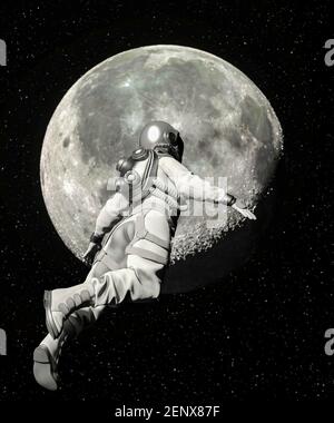 Astronaut im Weltraum mit Mondhintergrund - 3D Rendering Stockfoto