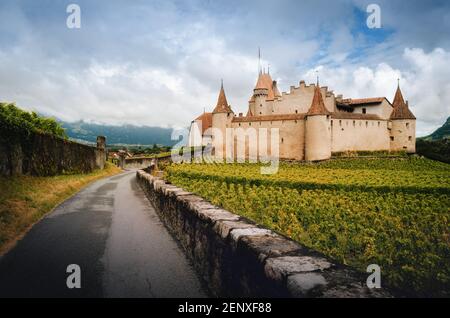 Chateau de Aigle, kleines Winzerdorf in den schweizer alpen, mit dem mittelalterlichen Schloss, das aus den grünen Sommerreihen der nahe gelegenen Weinberge und Stockfoto