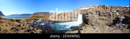 Panorama des Dynjandi Wasserfalls in den Westfjorden, Island Stockfoto