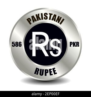 Pakistanische Geldsymbol auf runder Silbermünze isoliert. Vektorzeichen des Währungssymbols mit internationalem ISO-Code und Abkürzung Stock Vektor