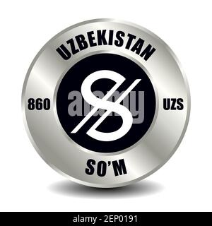 Usbekistan Geldsymbol isoliert auf runder Silbermünze. Vektorzeichen des Währungssymbols mit internationalem ISO-Code und Abkürzung Stock Vektor