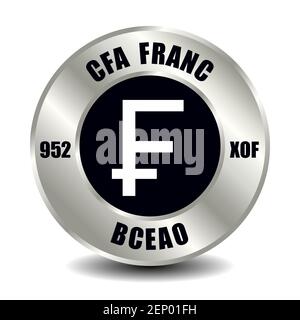 CFA-Geldsymbol auf runder Silbermünze isoliert. Vektorzeichen des Währungssymbols mit internationalem ISO-Code und Abkürzung Stock Vektor